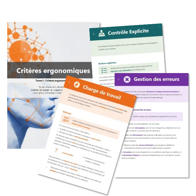 illustration du guide d'ergonomie cognitive, les pages charge de travail, contrôle explicice et gestion des erreurs sont visibles.